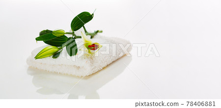 a white lily bud with green leaves on a white towel. Spa concept a white lily bud with green leaves on a white towel. Spa concept 78406881