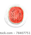 A red watermelon that was split in half and placed on a plate in a fresh watercolor style. 78407751