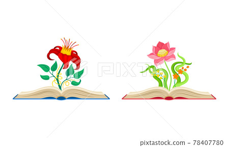 Open Book with Different Fabulous Flowers and Buds Vector Set 78407780