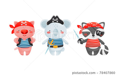 Animals Pirate in Corsair Hat with Crossed Bones and Saber Vector Set 78407860