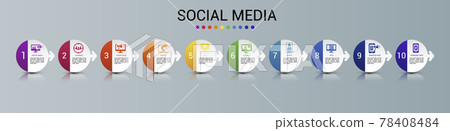 Infographic Social Media template. Icons in different colors. Include Like, Audience, Boosted Post, Feed and others. Infographic Social Media template. Icons in different colors. Include Like, Audience, Boosted Post, Feed and others. 78408484