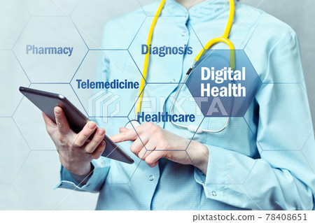 Digital health concept with doctor and tablet on background Digital health concept with doctor and tablet on background 78408651