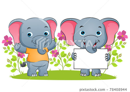 The happy elephant is holding a blank banner and giving the support in the garden The happy elephant is holding a blank banner and giving the support in the garden 78408944