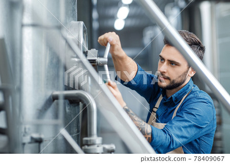 Business owner and brewery employee working in factory. Modern drink production in plant 78409067