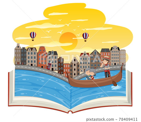 Open book with an old couple in the Gondola 78409411