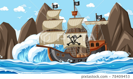 Ocean with Pirate ship at day time scene in cartoon style 78409453