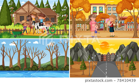 Set of different nature scenes background with many people 78410439