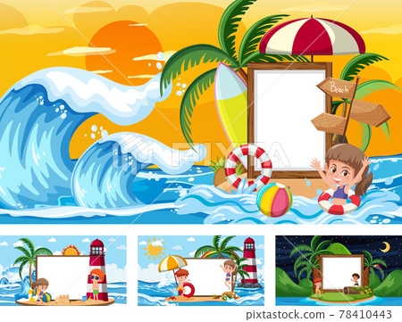 Set of blank banner in different tropical beach scenes 78410443