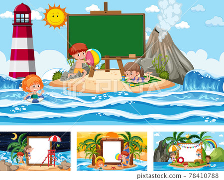 Set of blank banner in different tropical beach scenes Set of blank banner in different tropical beach scenes 78410788
