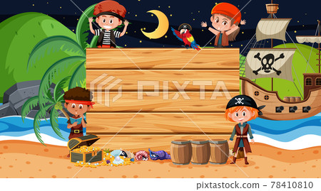Pirate kids at the beach night scene with an empty wooden banner template Pirate kids at the beach night scene with an empty wooden banner template 78410810