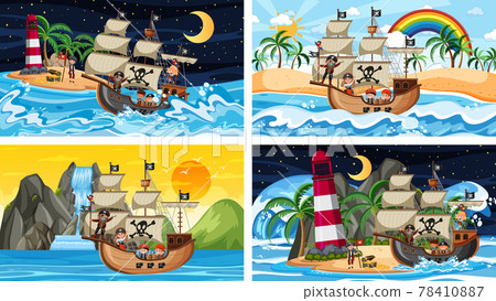 Set of different beach scenes with pirate ship and pirate cartoon character 78410887