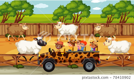 Safari scenes with many sheeps and kids cartoon character Safari scenes with many sheeps and kids cartoon character 78410902