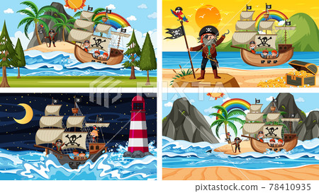 Set of different beach scenes with pirate ship and pirate cartoon character Set of different beach scenes with pirate ship and pirate cartoon character 78410935