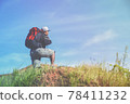 Young asian man tourist with backpack relaxing on top rock and enjoying sunset. Lifestyle Travel happy emotions success concept summer vacations outdoor. Hiker tramping up famous trail.. 78411232