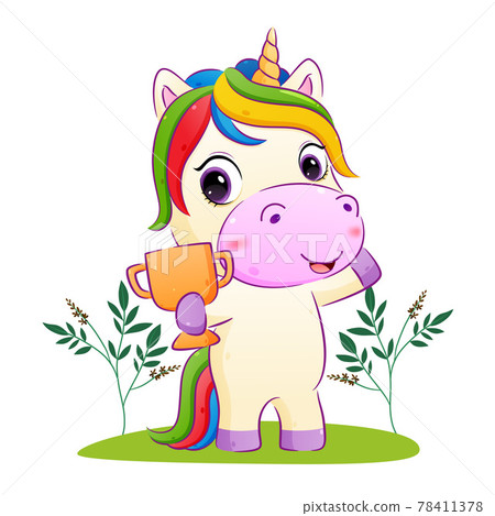 The happy unicorn is holding a golden trophy in the garden The happy unicorn is holding a golden trophy in the garden 78411378