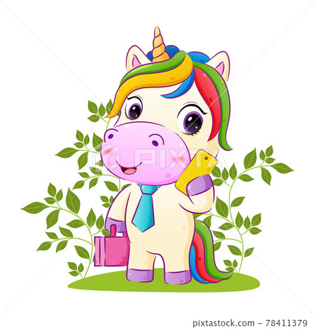 The happy unicorn is holding a suite bag and phone in the garden The happy unicorn is holding a suite bag and phone in the garden 78411379