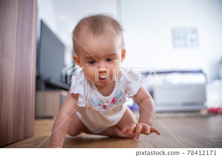 Portrait of child on all fours in bright indoors Portrait of child on all fours in bright indoors 78412171