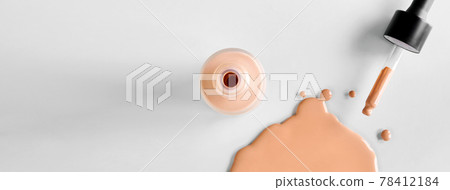 Banner with Mockup glass bottle of correction cosmetic product with pipette. Spilled Liquid foundation. Beauty branding concept 78412184