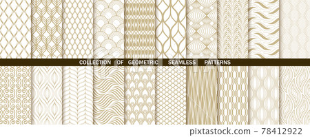 Geometric set of seamless gold and white patterns. Simple vector graphics Geometric set of seamless gold and white patterns. Simple vector graphics 78412922