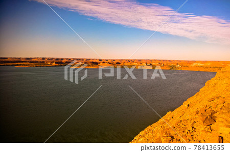 Sunset aerial Panoramic view to Yoa lake group of Ounianga kebir lakes at the Ennedi, Chad Sunset aerial Panoramic view to Yoa lake group of Ounianga kebir lakes at the Ennedi, Chad 78413655