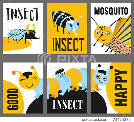 Yellow greeting card designs with childish insects 78414273