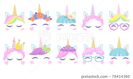 Pretty pony unicorns faces flat set for web design 78414360