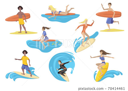 Happy surfers with surfboards flat set for web design 78414461