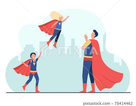 Happy superhero father with kids in super costumes Happy superhero father with kids in super costumes 78414462