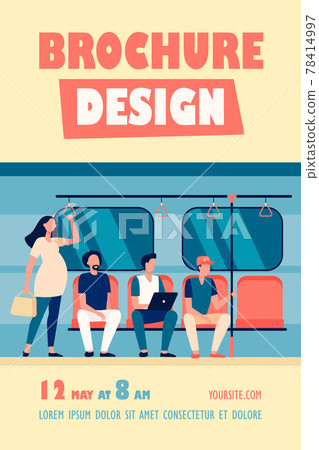 Pregnant woman standing by impolite subway train passengers 78414997