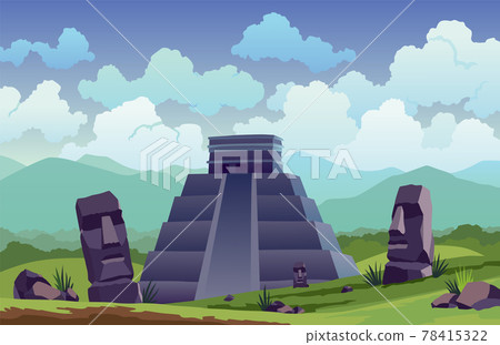 Easter island. Traveler at ancient mayan pyramids or moai statues. Famous travel landscape location banner. Tourism and vacation tropical background 78415322