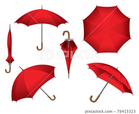 Red umbrellas set in various positions. Isolated on white background. Collection of opened, folded or top view vector items Red umbrellas set in various positions. Isolated on white background. Collection of opened, folded or top view vector items 78415323
