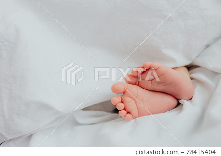 Baby's feet under a white blanket 78415404