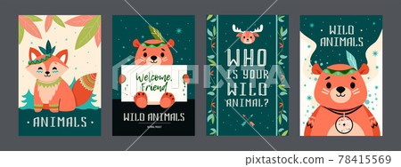 Cartoon boho animals posters set 78415569