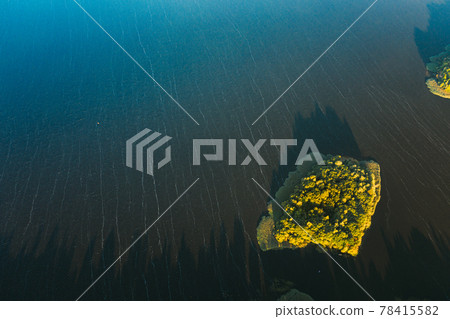 Lyepyel, Lepel Lake, Beloozerny District, Vitebsk Region. Aerial View Of Island On Lepel Lake In Autumn Morning. Morning Fog Over Lepel Lake. Top View Of European Nature From High Attitude In Autumn Lyepyel, Lepel Lake, Beloozerny District, Vitebsk Region. Aerial View Of Island On Lepel Lake In Autumn Morning. Morning Fog Over Lepel Lake. Top View Of European Nature From High Attitude In Autumn 78415582