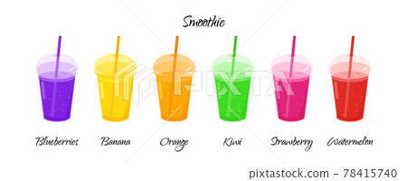 Set Fruit smoothie in a plastic cup with straw from Orange, strawberry and banana. 78415740