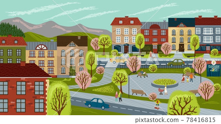 City life concept vector illustration. Cityscape hand drawn poster with streets, people, cars, cute houses and trees on a town square. Urban landscape, city buildings, summer park City life concept vector illustration. Cityscape hand drawn poster with streets, people, cars, cute houses and trees on a town square. Urban landscape, city buildings, summer park 78416815