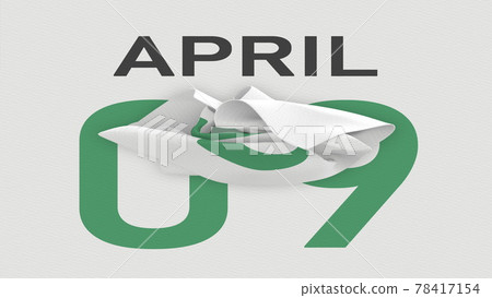 April 9 date behind crumpled paper page of a calendar, 3d rendering 78417154