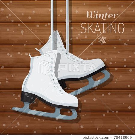 Vector illustration of white ice skates on wooden winter background 78418909