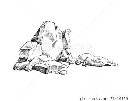 Rock ruins or heap of stones engraving vector illustration isolated on white. 78419139