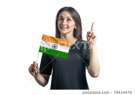 Happy young white woman holding flag of India and points thumbs up isolated on a white background 78419479