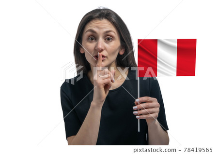 Happy young white woman holding flag of Peru and holds a finger to her lips isolated on a white background Happy young white woman holding flag of Peru and holds a finger to her lips isolated on a white background 78419565