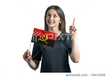 Happy young white woman holding flag of Angola and points thumbs up isolated on a white background Happy young white woman holding flag of Angola and points thumbs up isolated on a white background 78419566