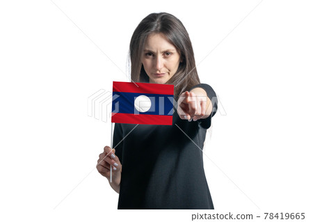 Happy young white woman holding flag of Laos and points forward in front of him isolated on a white background 78419665