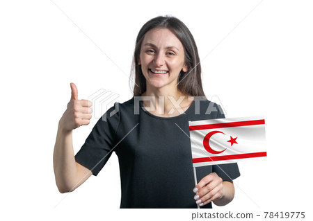 Happy young white woman holding flag of Turkish Republic of Northern Cyprus and shows the class by hand isolated on a white background Happy young white woman holding flag of Turkish Republic of Northern Cyprus and shows the class by hand isolated on a white background 78419775