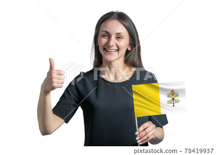 Happy young white woman holding flag of Vatican and shows the class by hand isolated on a white background 78419937