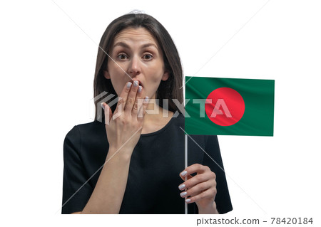 Happy young white woman holding flag of Bangladesh and covers her mouth with her hand isolated on a white background Happy young white woman holding flag of Bangladesh and covers her mouth with her hand isolated on a white background 78420184