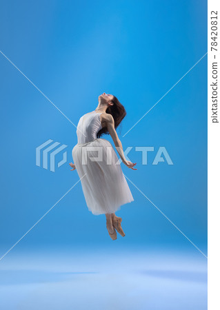 Young and graceful ballet dancer isolated on blue studio background. Art, motion, action, flexibility, inspiration concept. Young and graceful ballet dancer isolated on blue studio background. Art, motion, action, flexibility, inspiration concept. 78420812