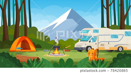 Summer camp in forest with bonfire, tent, backpack Summer camp in forest with bonfire, tent, backpack 78420865