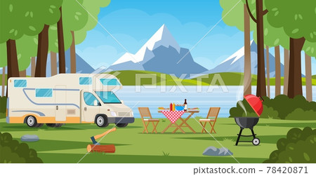 Camper with barbecue folding table deckchair 78420871