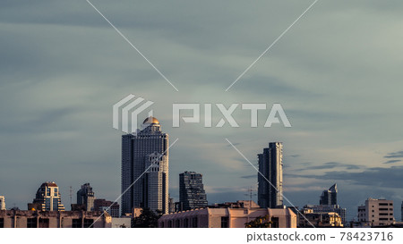 Aerial view of Bangkok modern office highrise buildings, condominium in Bangkok city downtown with sunset sky , Bangkok , Thailand Aerial view of Bangkok modern office highrise buildings, condominium in Bangkok city downtown with sunset sky , Bangkok , Thailand 78423716